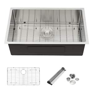 32 in. x 19 in. in Brushed Nickel Undermount Single Bowl 16-Gauge Stainless Steel Kitchen Sink with Accessories