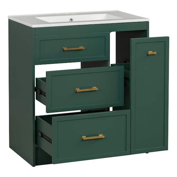 30 in. W x 18.3 in. D x 34 in. H Single Sink Freestanding Frosty Green Bath Vanity with White Ceramic Top and Drawers