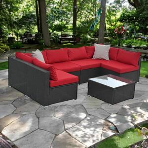 TD Garden 7-Piece Wood Patio Conversation Set with Cushion Guard Red Cushions