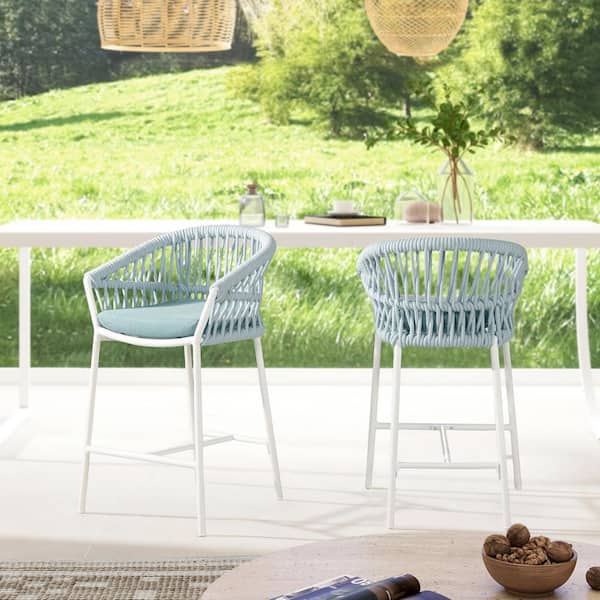 Aluminum Maiden 27 in. Set of 2 Patio Counter Outdoor Bar Stool with Cushion, Sky Blue Sunproof Olefin