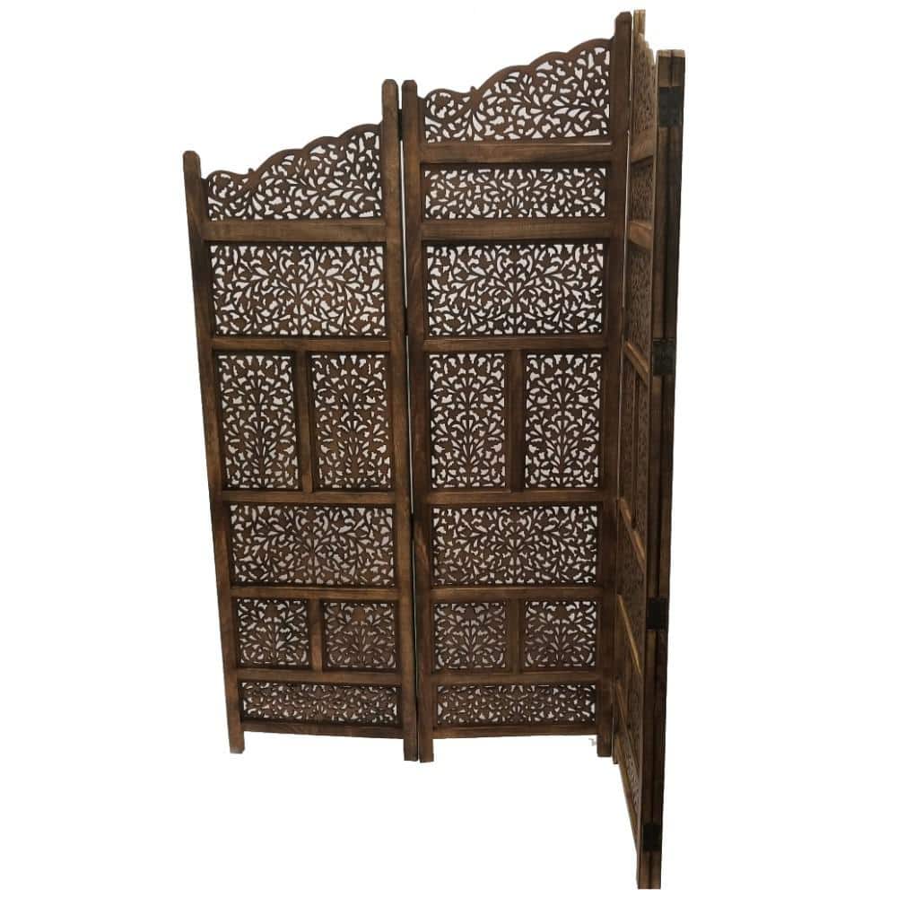 Handmade Dark Brown Mango Wood 4-Panel Room Divider