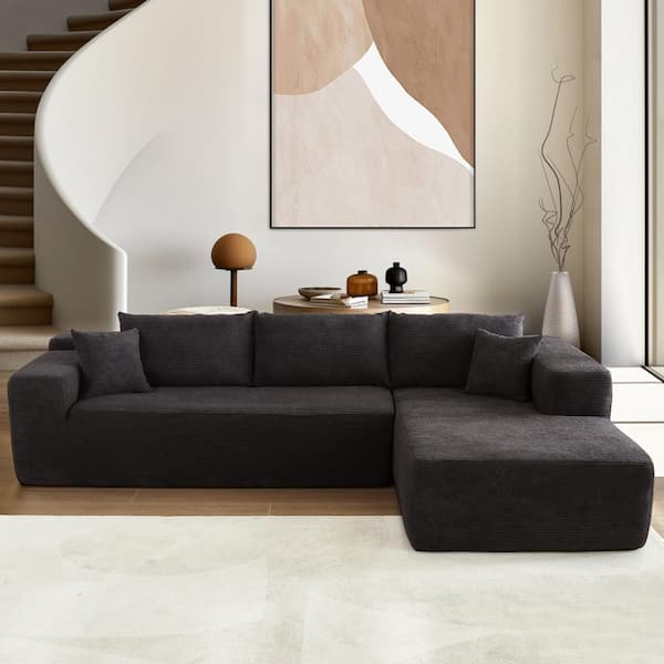 VIVI 104 in. Wide Arm 2-Piece Corduroy Fabric L-Shape Modular Sectional Sofa in Black with Right Chaise