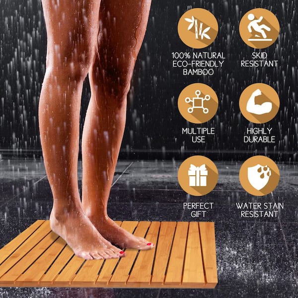 Bath Mat for Luxury Shower - Non-Slip Bamboo Sturdy Water Proof Bathroom  Carpet for Indoor or Outdoor Use