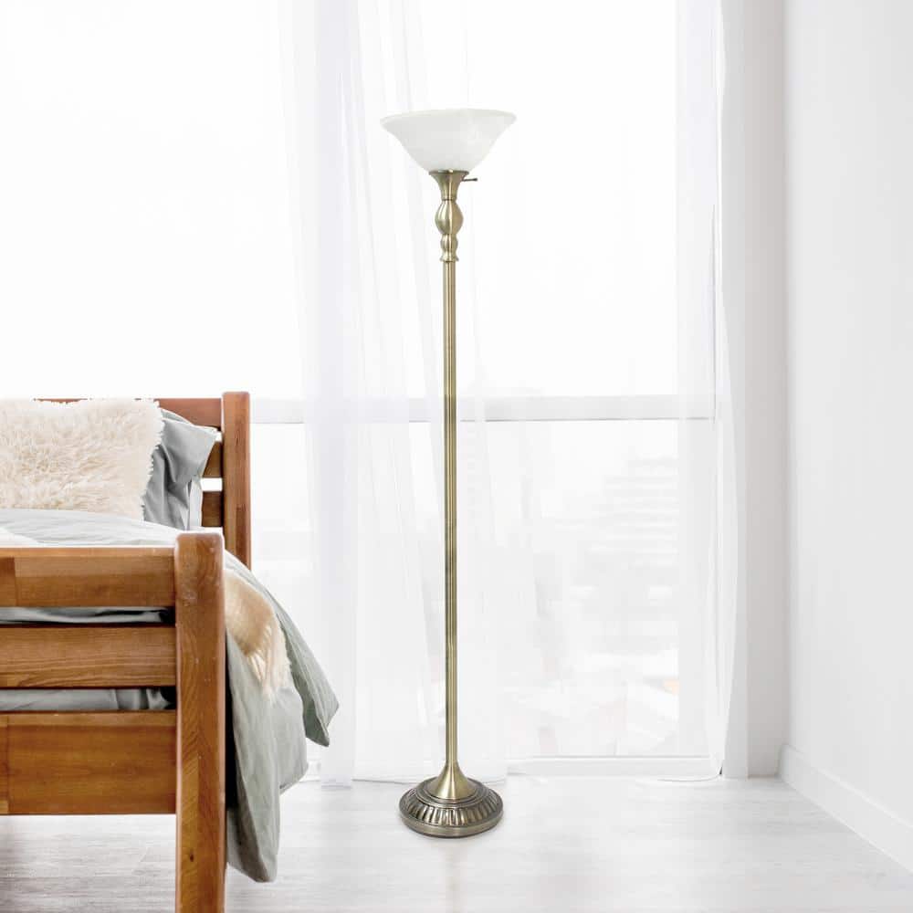 Antique Brass Torchiere Floor Lamp with Marbleized Glass Shade