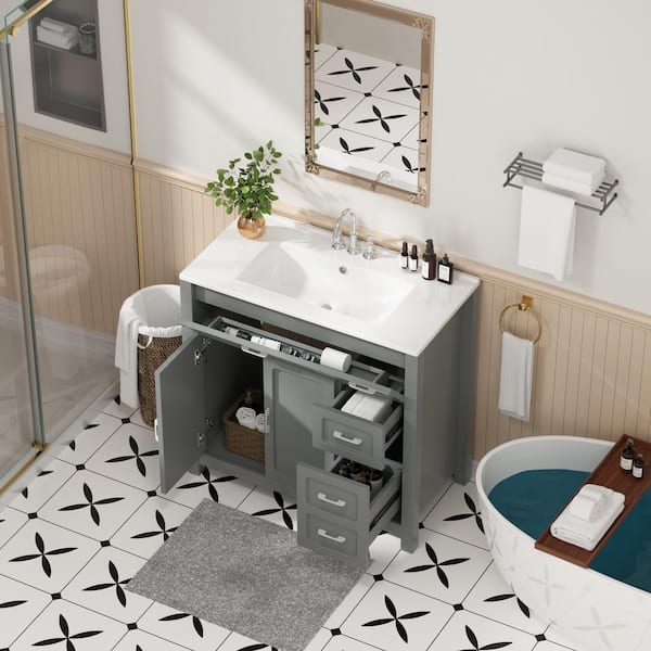 36 in. Single Sink Freestanding Grey Bath Vanity with White Ceramic Top Unassembled