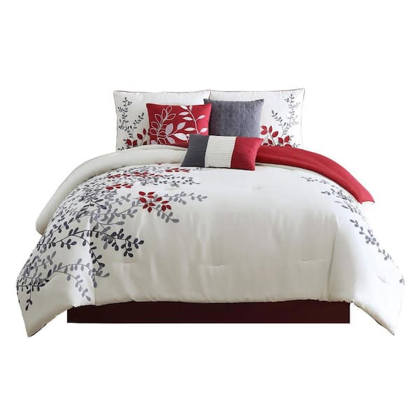 Benjara 7-Piece Cream and Gray Floral Microfiber Queen Comforter Set