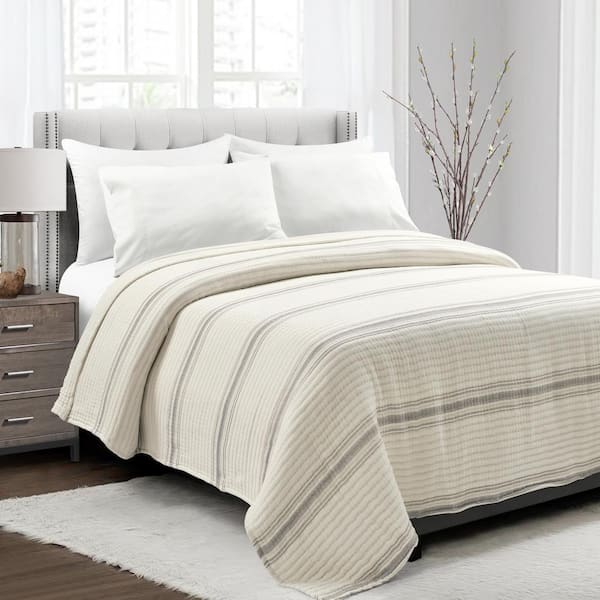 Lush Decor Farmhouse Stripe Kantha Pick Stitch Yarn Dyed Cotton Woven Quilt/Coverlet Gray Single Cotton Full/Queen