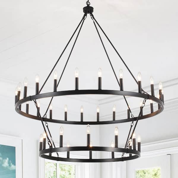 ZJVAIVE 36-Light Farmhouse Black Candle Design Wagon Wheel Chandelier 2-Tier Ceiling Light Fixture for Kitchen Island