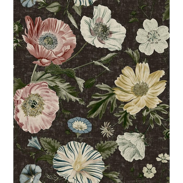 Black Vintage Poppy Peel and Stick Wallpaper