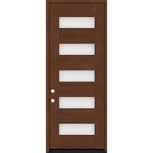 Regency 36 in. x 96 in. 5L Modern Frosted Glass RHIS Chestnut Stained Fiberglass Prehung Front Door