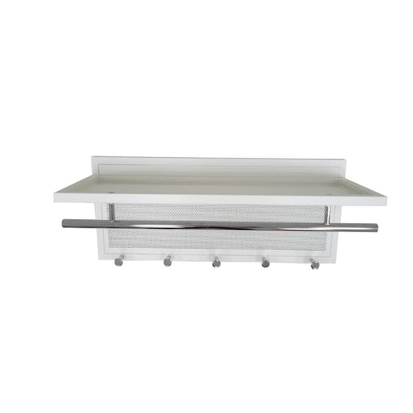 Unbranded White 29.53 in. Metal Decorative Wall Mounted Towel Shelf, Storage Rack with 5-Hooks for Kitchen, Living Room, Balcony