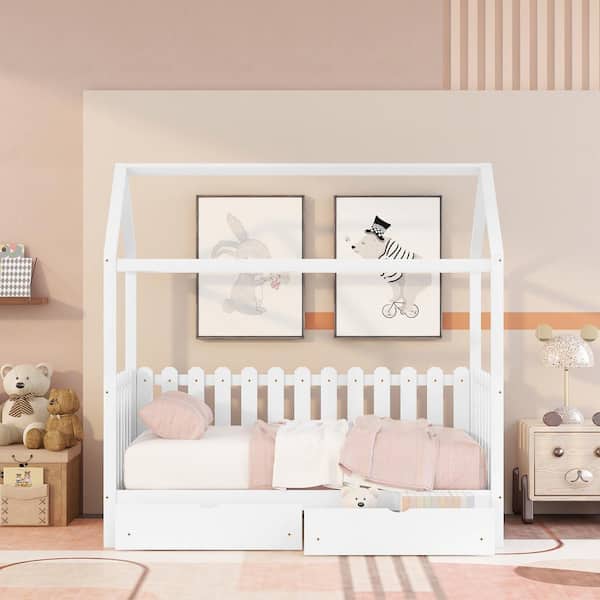 URTR White Twin Size Wood Bed House Bed Frame with 2-Storage Drawers and Fence-Shaped Guardrails for Teens Girls Boys