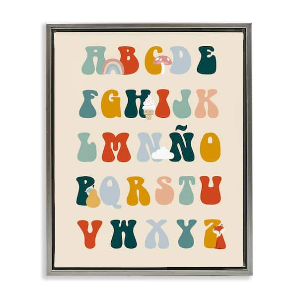 Stupell Industries Spanish Alphabet Retro Illustrations by Lil' Rue Gray Floater Frame Typography Graphic Art Print 31 in. x 25 in.