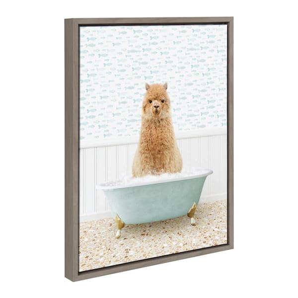 Kate and Laurel Sylvie Alpaca in Little Fish Bath Framed Canvas by Amy Peterson Art Studio (Set of 1) Animal Art Print 18 in. x 24 in.