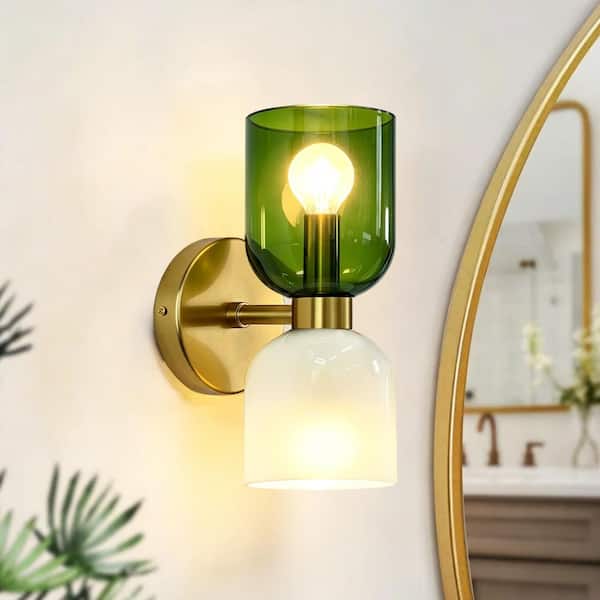 2 - Lights Glass Sconce White and Green - Mid Century Modern Vanity Light Bathroom