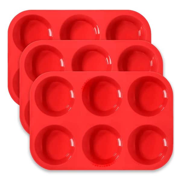 6-Cup Silicone Muffin Pan Non-Stick Baking Tray for Cupcakes Desserts Quiches Tart Reusable and Easy Release (3-Pack)