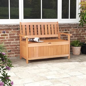 48 in. Patio Storage Bench Hardwood Outdoor Loveseat with Slatted Backrest for Backyard