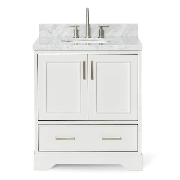 Stafford 30 in. W x 22 in. D x 36 in. H Single Sink Freestanding Bath Vanity in White with Carrara White Marble Top