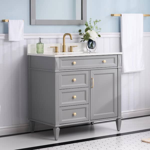 WELLFOR Elisa 36 in. W. x 22 in. D x 35 in. H Single Sink Freestanding Bath Vanity in Gray with Carrera White Quartz Top