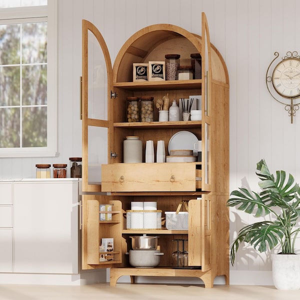 Freestanding Natural 71 in. Tall Kitchen Pantry Cabinet Storage Cabinet with Glass Door, Adjustable Shelves and Drawer