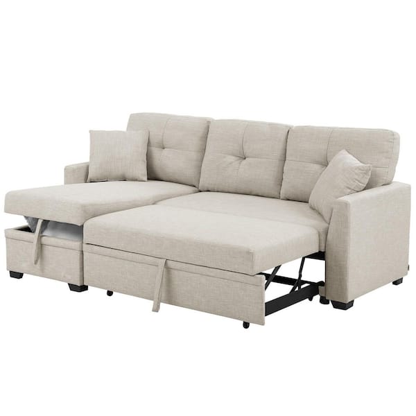 83 in. W Beige Polyester Queen Size Sofa Bed with Storage and Tufted Cushions for Bedroom, Living Room