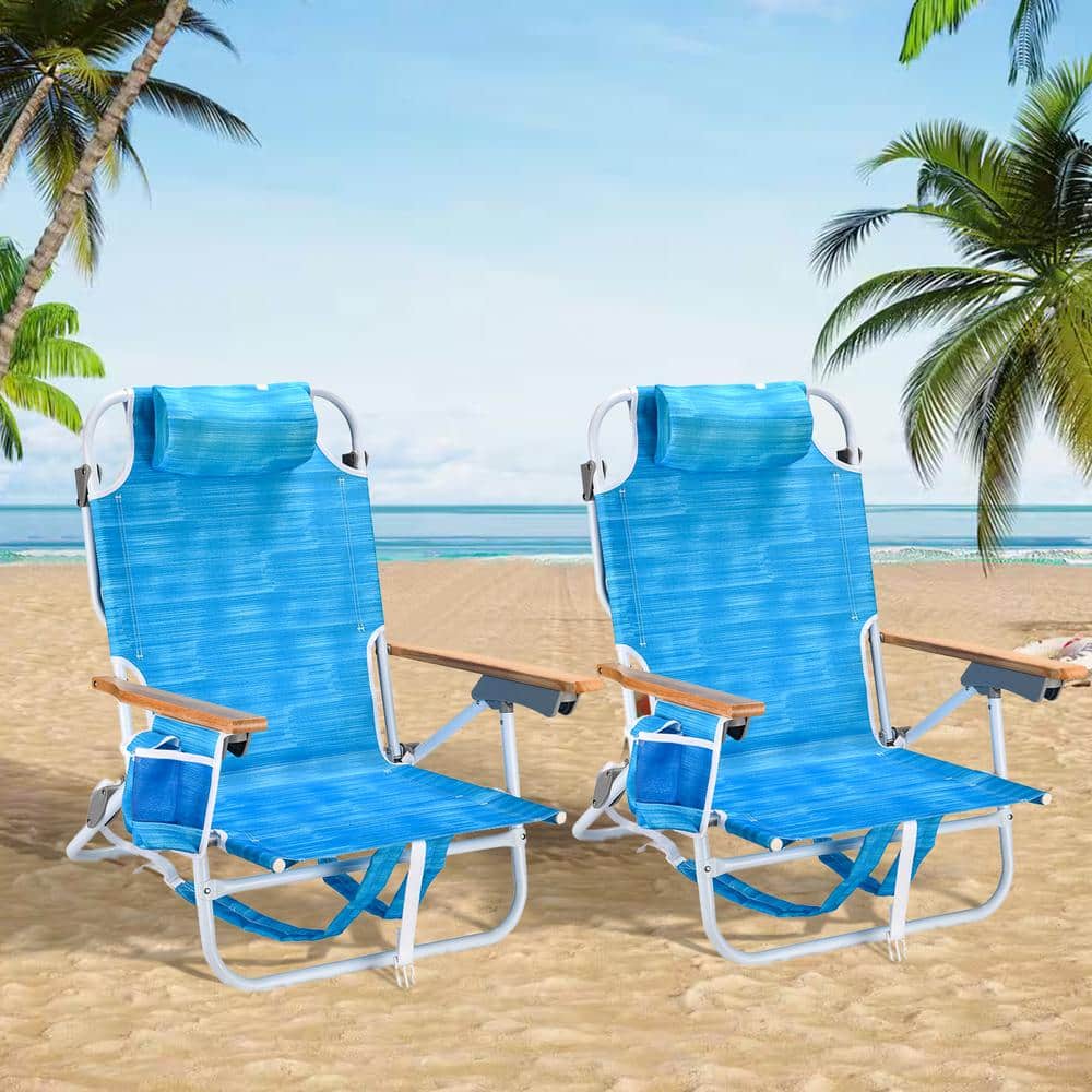 2 PCS Aqua Blue Metal Foldable Adjustable Beach Chair with Pillow, Towel, a
