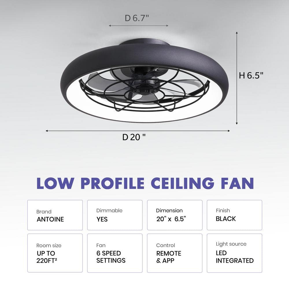 20'' Black Low Profile Ceiling Fan with LED Light and Remote