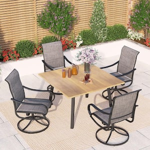 Black 5-Piece Metal Patio Outdoor Dining Set with Wood-Look Square Table and Padded Textilene Swivel Chairs