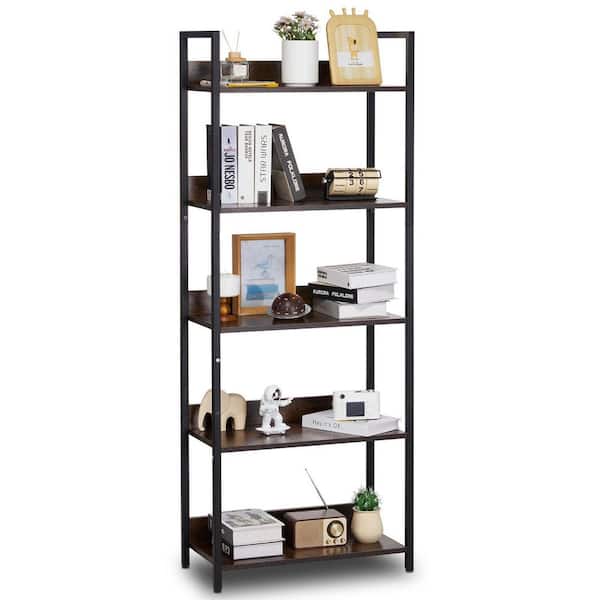 Metal Bookshelf, 5-Tier Tall Industrial Bookshelf, Rustic Display Vintage Storage Bookcase with Open Shelves Brown