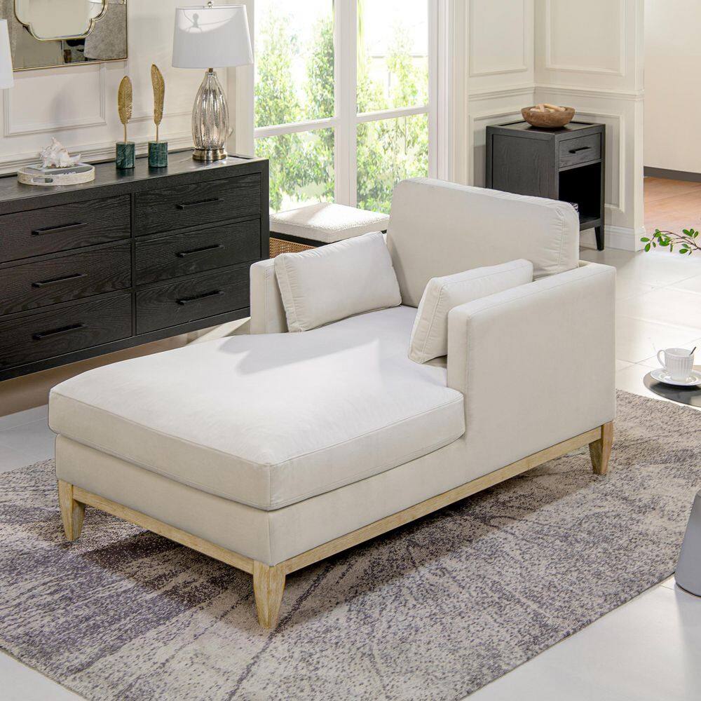 Knox 65" French Beige Performance Velvet & Wood Chaise Lounge Chair