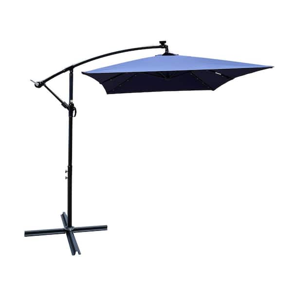 FIROMO 120" x 78" x 98" Outdoor Patio Umbrella with Crank Handle and Cross Base Solar Powered LED Light Illumination Blue