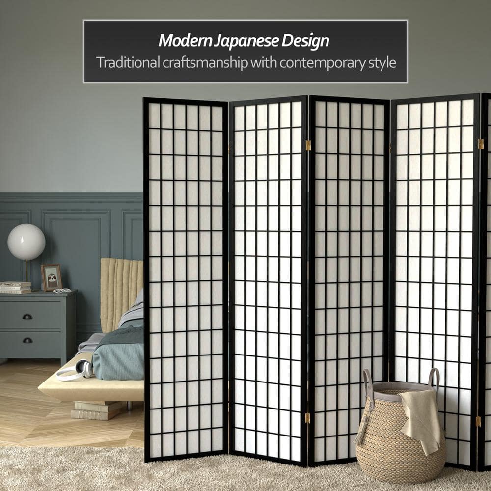 Black 6-Panel Shoji Screen Room Divider with Scandinavian Spruce Frame