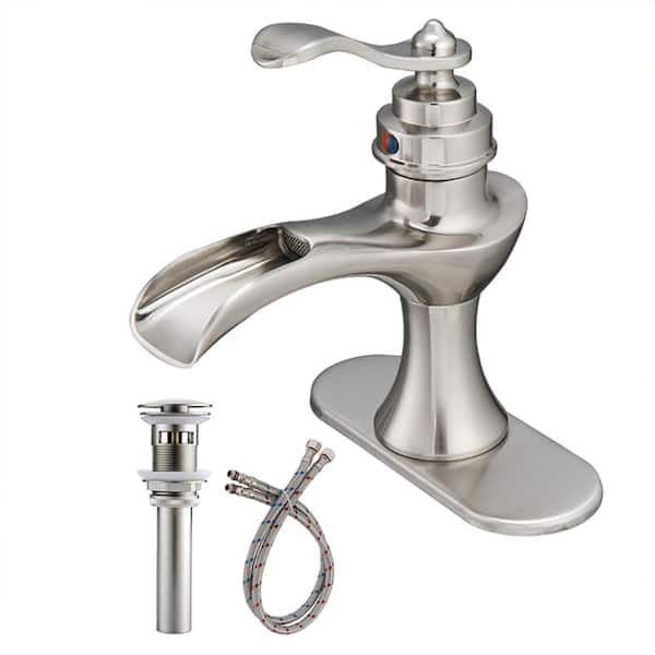 Fapully Single Handle Single Hole Waterfall Bathroom Faucet with Pop Up Drain in Brushed Nickel