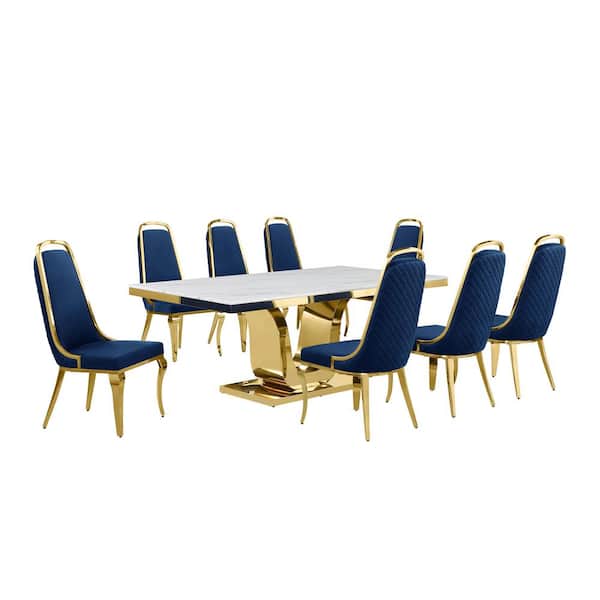 Best Quality Furniture Ada 9-Piece Rectangle White Marble Top With Gold Stainless Steel Dining Set With 8 Navy Blue Velvet Chrome Iron Chairs
