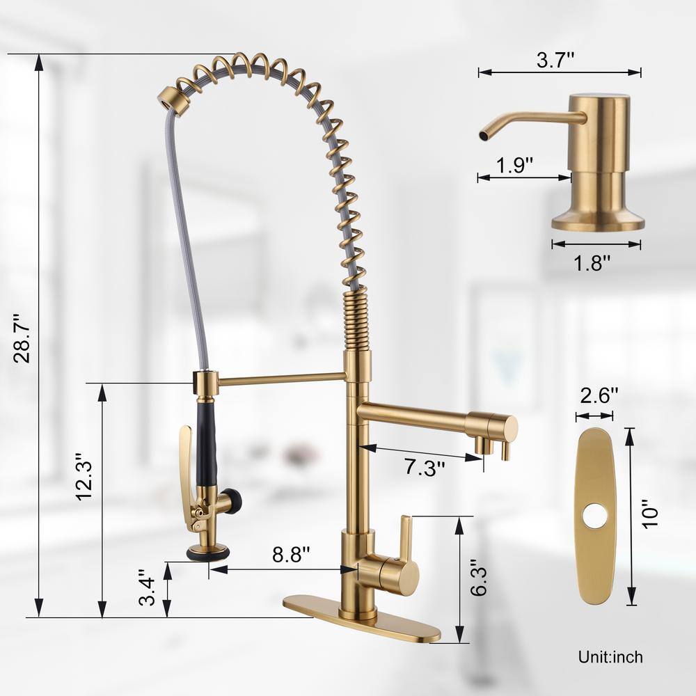 Brushed Gold Commercial High-Arc Kitchen Faucet with Pull-Out Spray