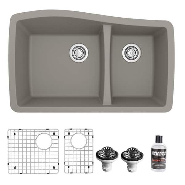 Karran Concrete Quartz Composite 33 in. 60/40 Double Bowl Undermount Kitchen Sink with Bottom Grids and Strainers