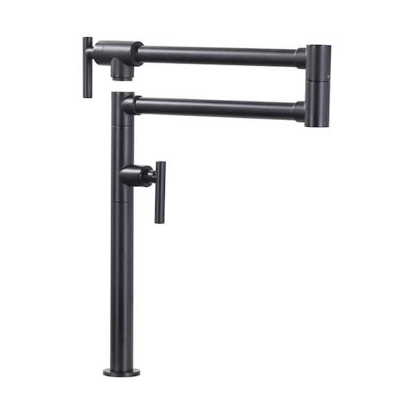 Deck Mounted Brass Pot Filler Kitchen Faucet with Double Handle and Joint Swing Arm in Matte Black