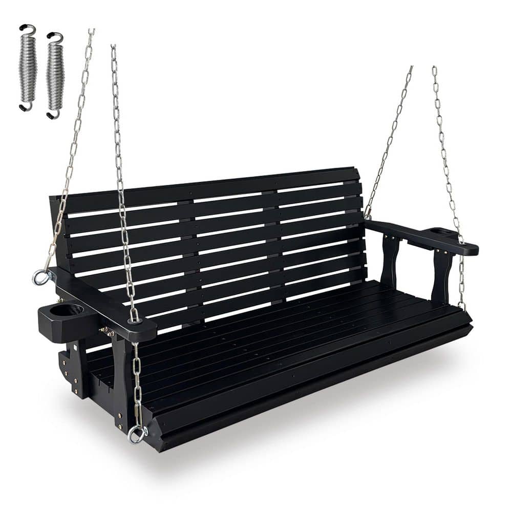 Innovaze 70 in. 3-Person Wood Porch Swing with Cup Holders, Hanging Chains and 7mm Springs, Heavy Duty 880 lbs, Black HD-PSX005LB