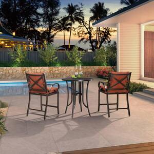 Modern 3-Piece Cast Aluminum Outdoor Bistro Set with Back and Arm Brick Red Cushion Counter Height Metal Bar Chairs