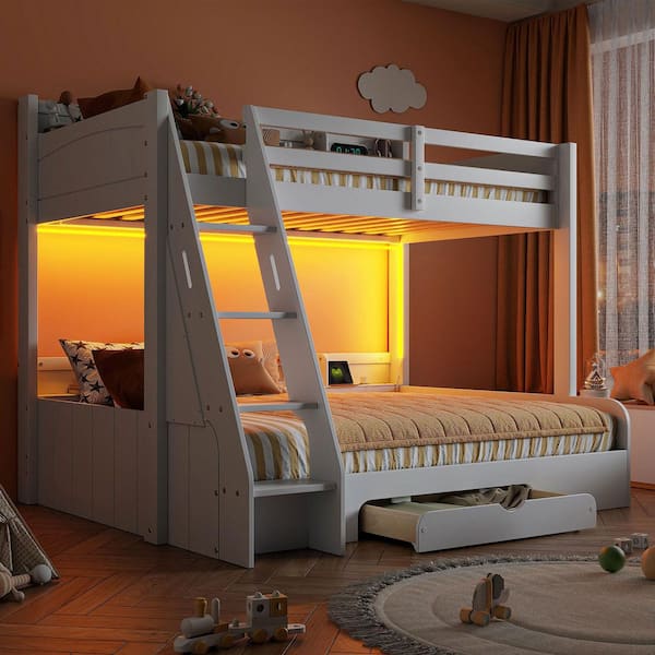 Harper & Bright Designs White Twin over Full Wood Bunk Bed with Storage ...