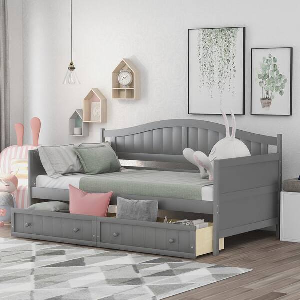 Harper And Bright Designs Gray Twin Wooden Daybed With 2 Drawers Wf192860aae The Home Depot 