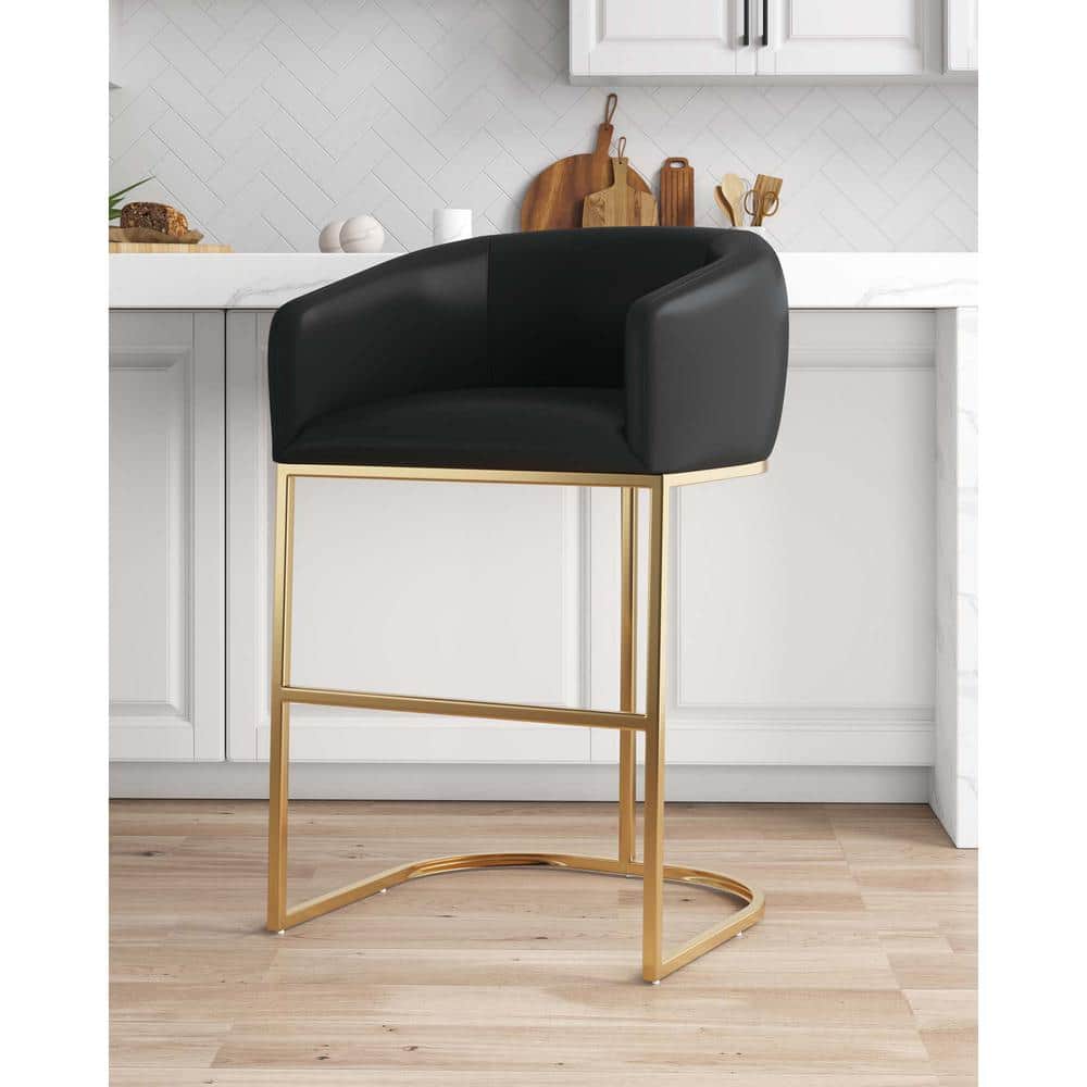 Black Leather and Gold Metal Curved Bar Stool