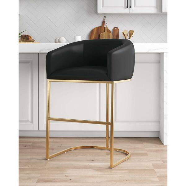 Manhattan Comfort Louvre Mid-Century Modern 30 in. Black Metal Bar Stool with Leatherette Upholstered Seat