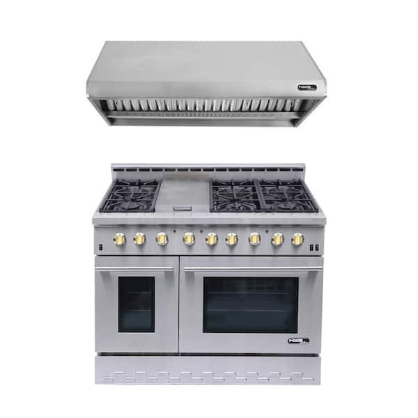 NXR Entree Bundle 48 in. 7.2 cu. ft. Pro-Style Gas Range with Convection Oven and Range Hood in Stainless Steel and Gold