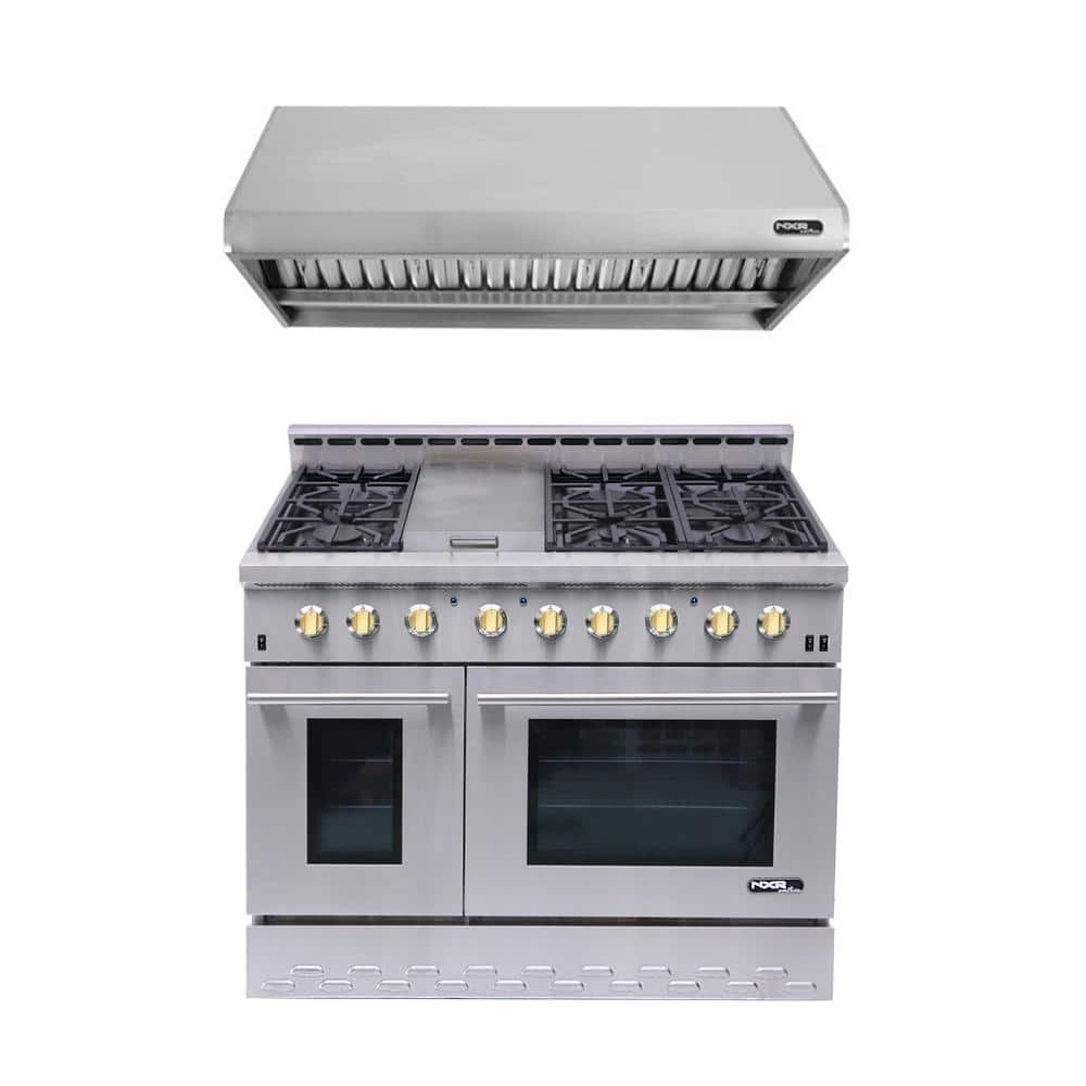 Entree Bundle 48 in. 7.2 cu. ft. Pro-Style Gas Range with Convection Oven and Range Hood in Stainless Steel and Gold price history on PriceWatchPro