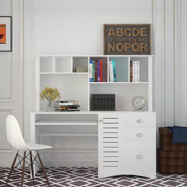 59.06 in. Rectangular White Home Office Computer Desk with Hutch