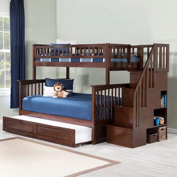 AFI Columbia Staircase Bunk Bed Twin over Full with Twin Size Raised Panel Trundle Bed in Walnut