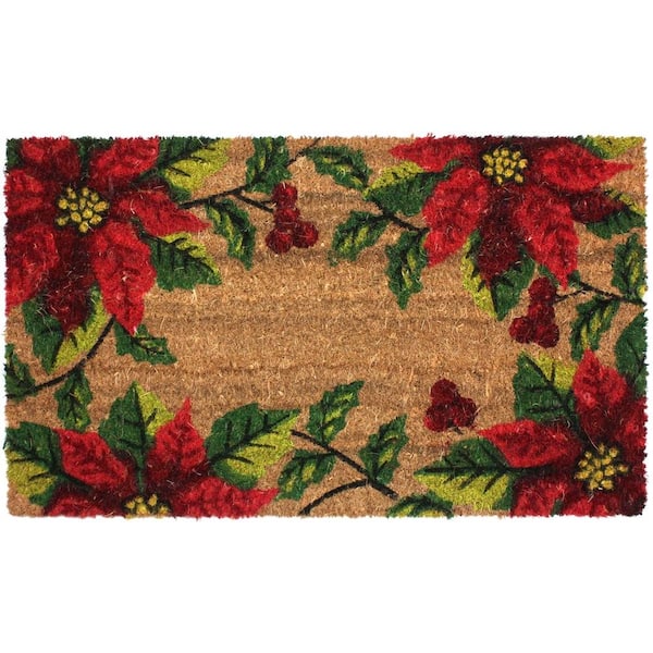 J & M Home Fashions Christmas Poinsettia Vinyl Back Coco 18 in. x 30 in. Door Mat