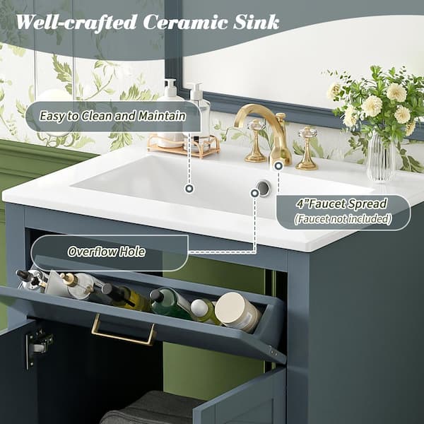 Ziyudura 24 in. Single Sink Freestanding Blue Bath Vanity with