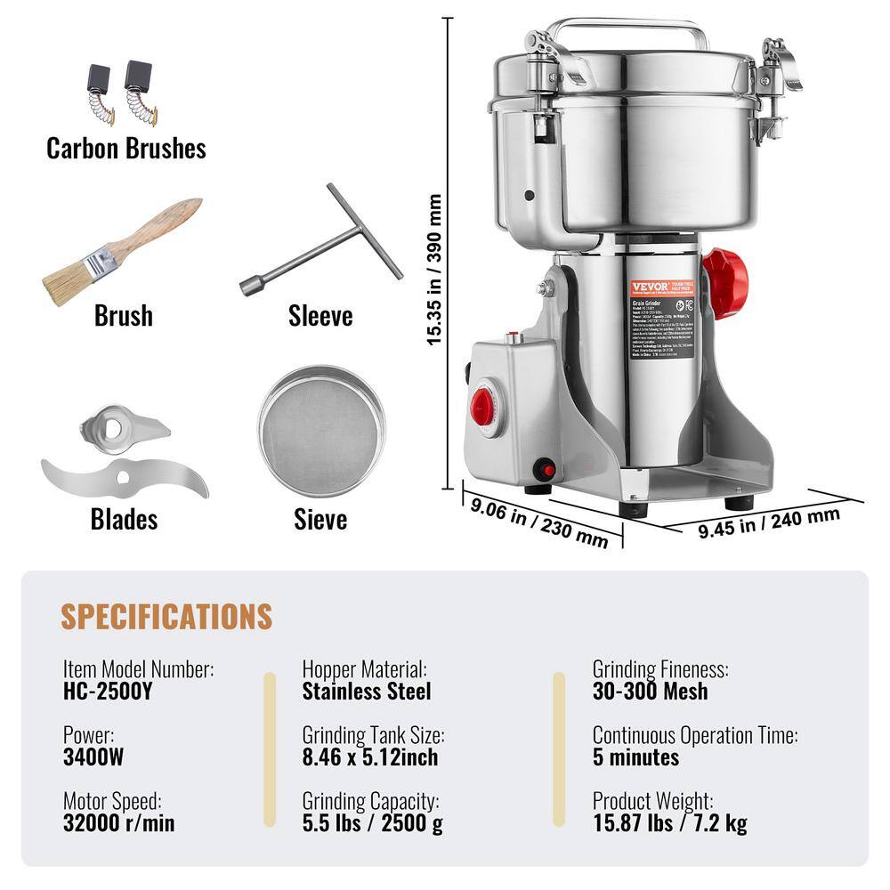 VEVOR 2500g Stainless Steel Electric Commercial Grain Mill Grinder